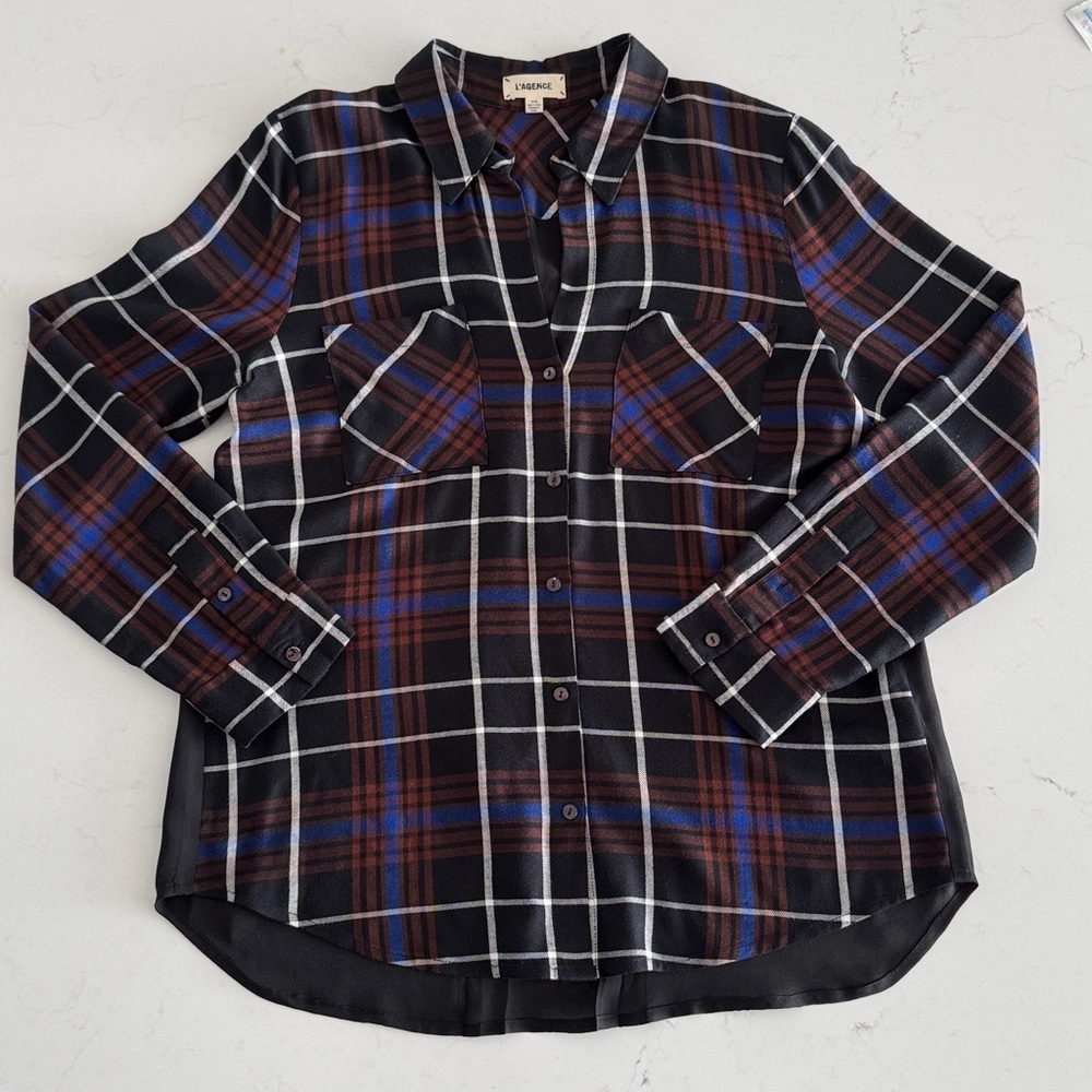 L'AGENCE Elevated Plaid Button-Up Shirt Featuring a Semi-sheer Black Back Panel